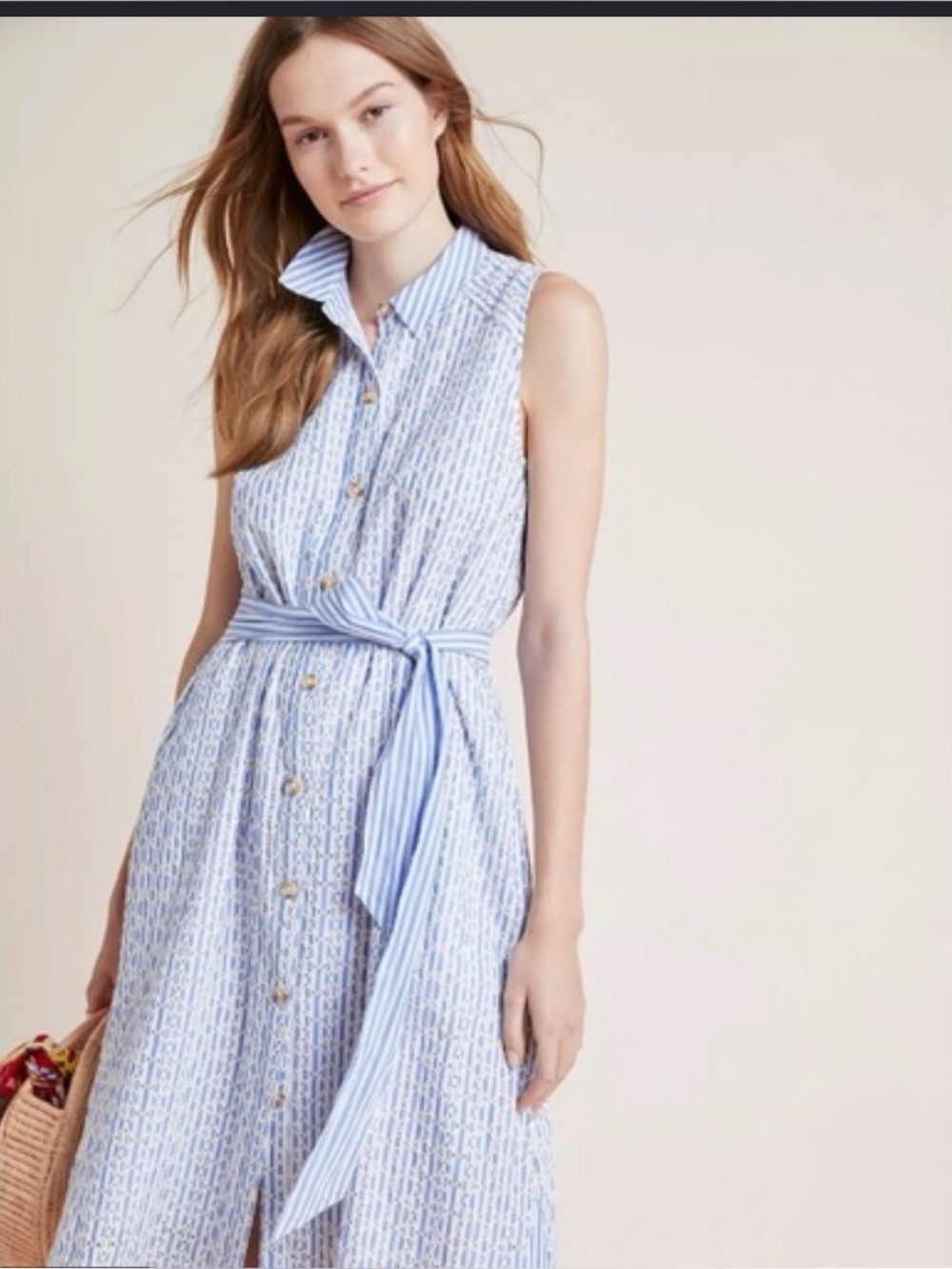 Anthropologie Blue and White Sleeveless Midi Shirt Dress